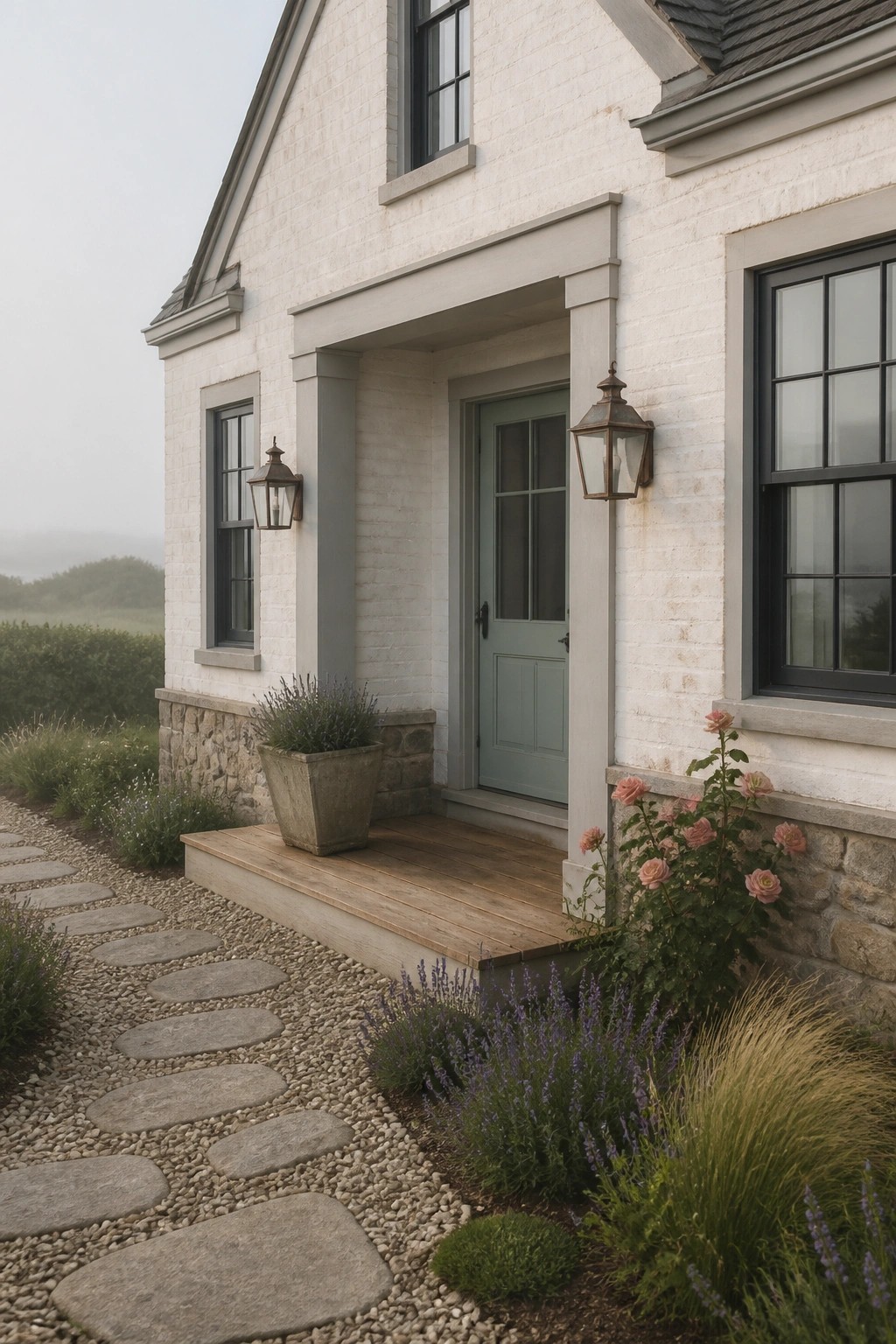 White painted brick on the exterior of a coastal farmhouse.