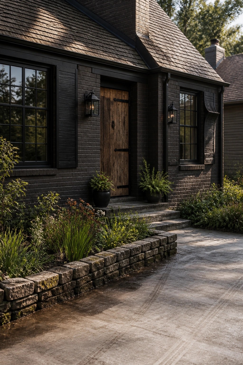 A modern farmhouse exterior with dark charcoal painted brick walls.
