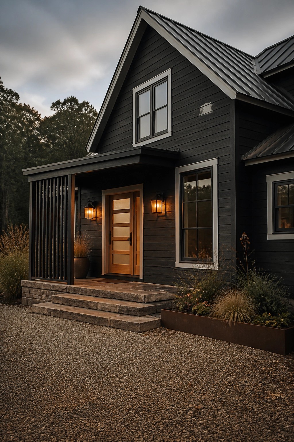 Modern dark house with glowing lanterns, wooden door, stone steps, and gravel drive