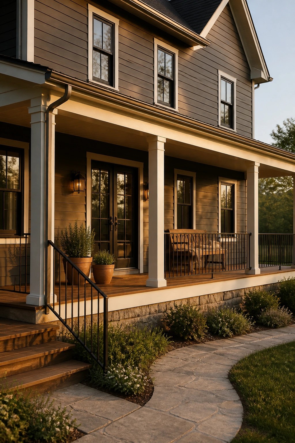 A modern farmhouse exterior with dark charcoal gray siding and white trim.