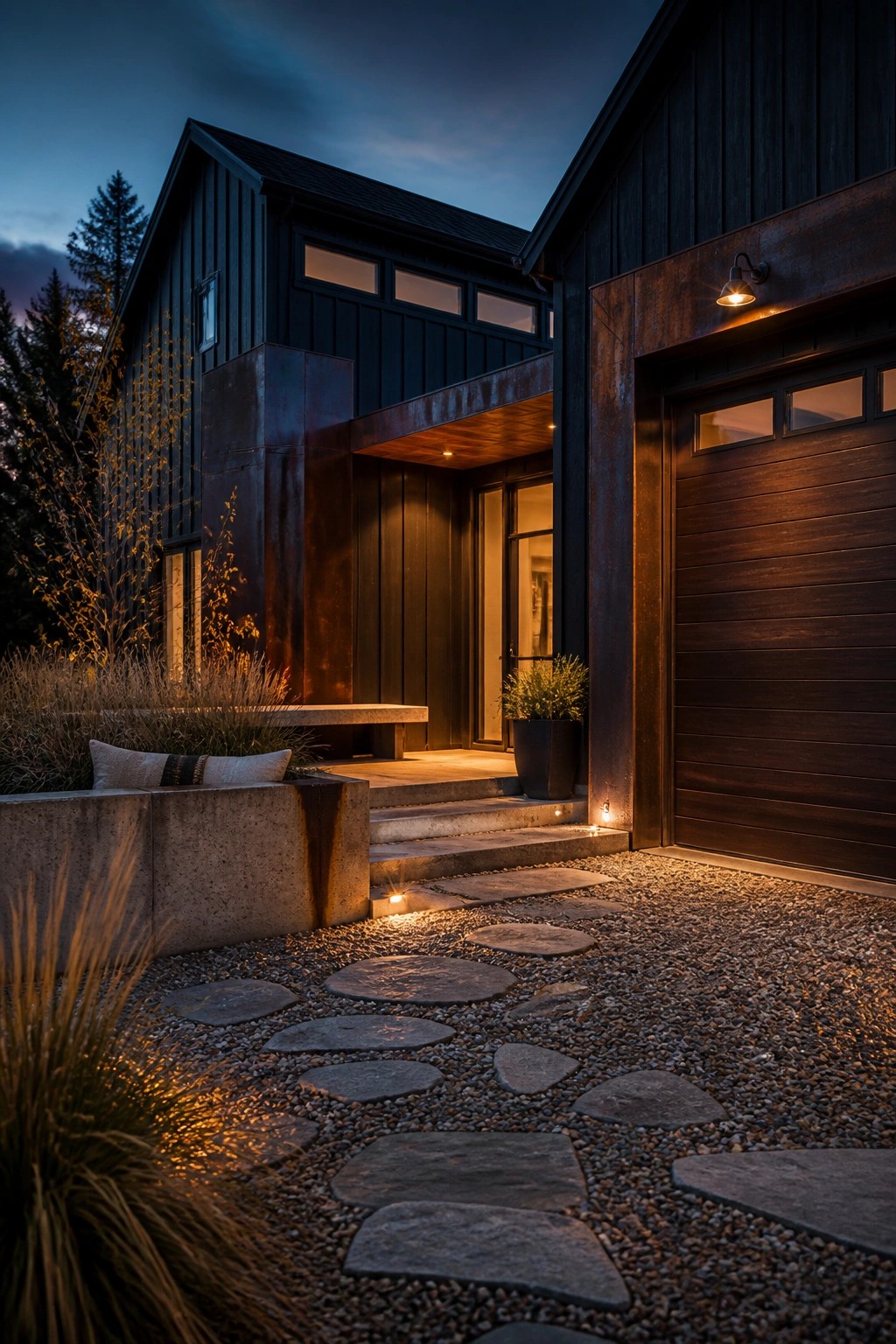 Dark charcoal siding on a modern farmhouse exterior with gravel path and steps.
