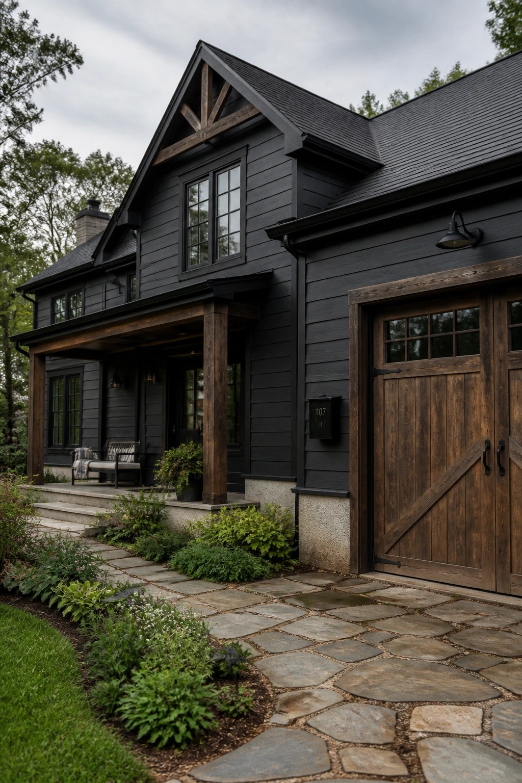 A modern farmhouse with dark charcoal siding and wood trim.