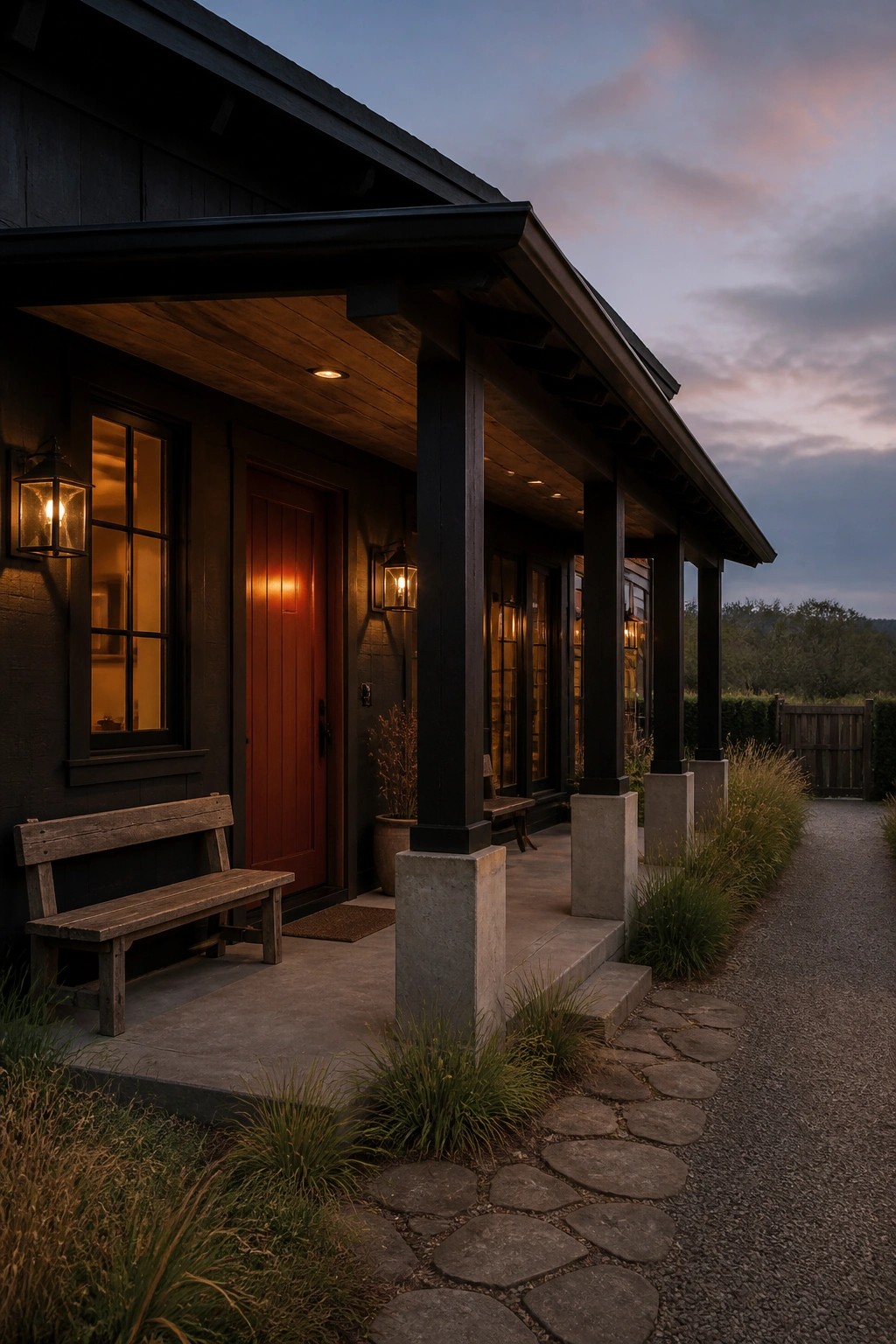 Dark charcoal siding on a modern farmhouse exterior with a covered porch.