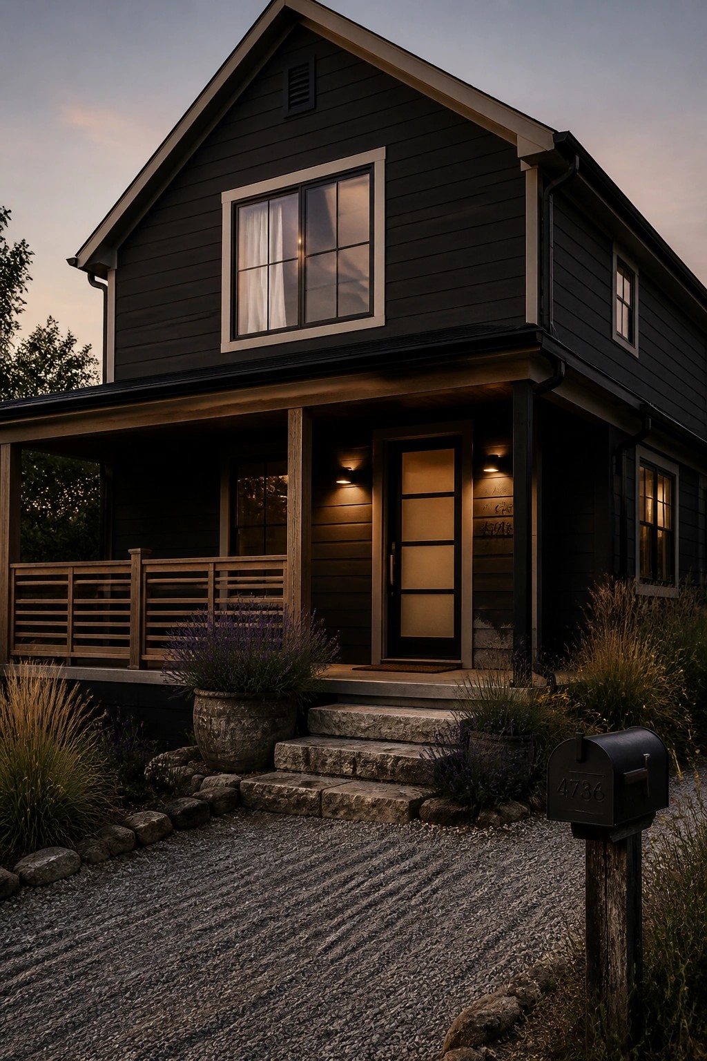 A dark charcoal painted house exterior with wood accents and stone steps.