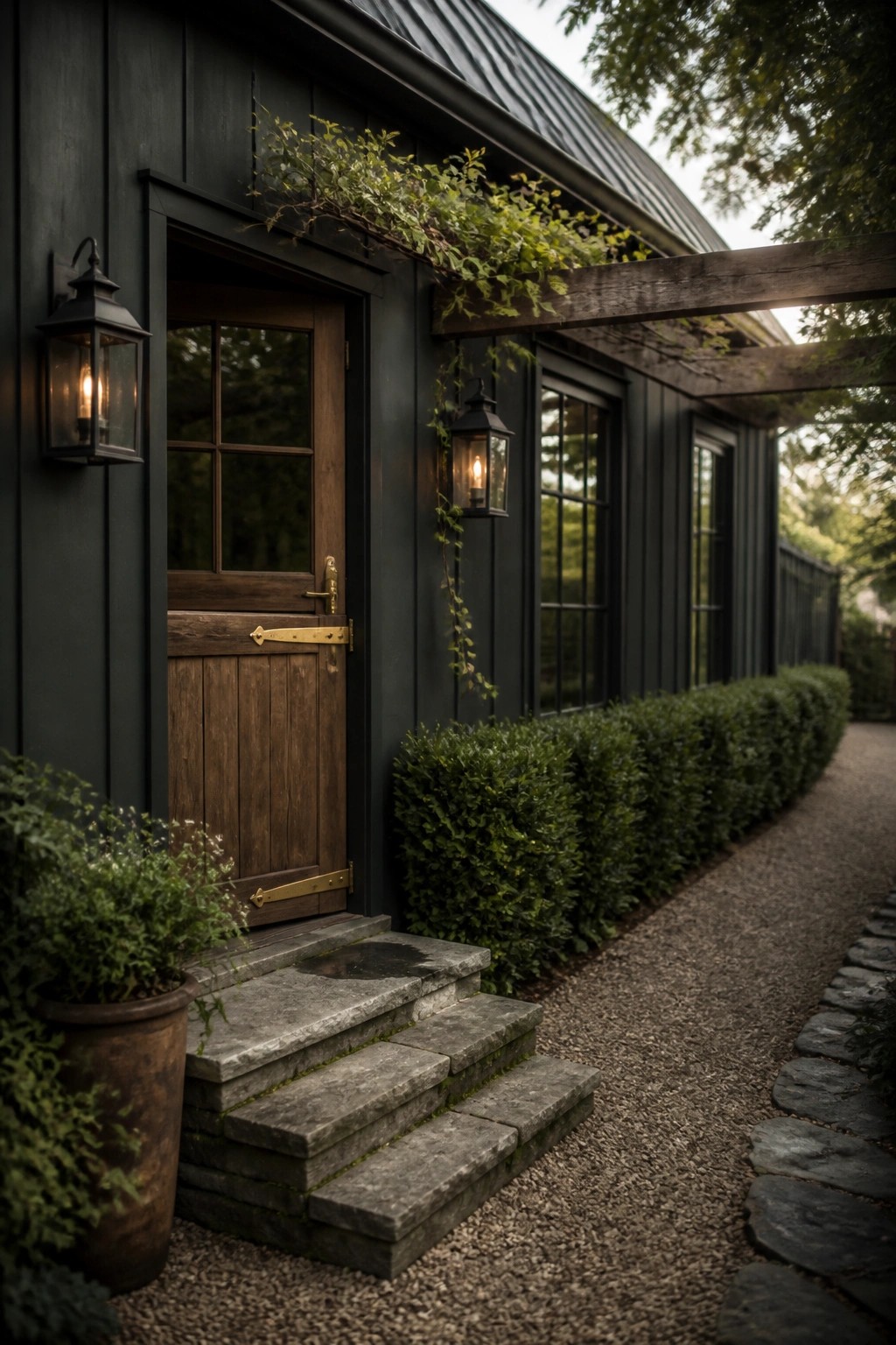 Dark green siding covers the exterior of a modern farmhouse beside a wooden door and gravel path.