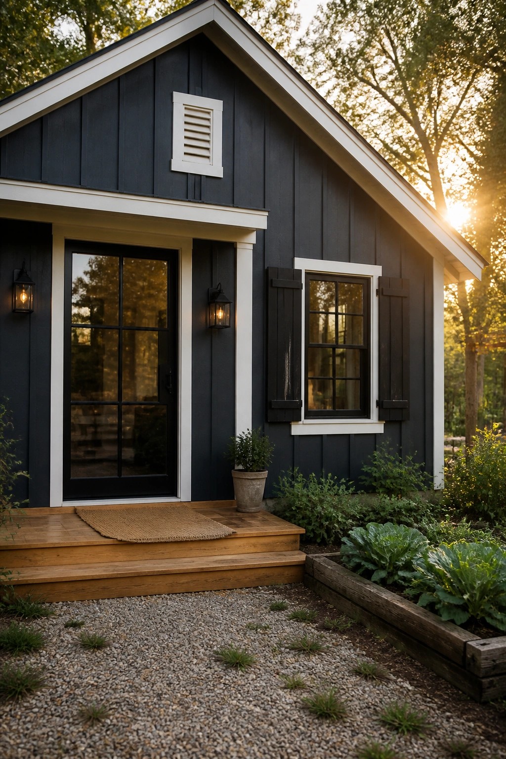 Dark navy siding on a modern farmhouse exterior with white trim.