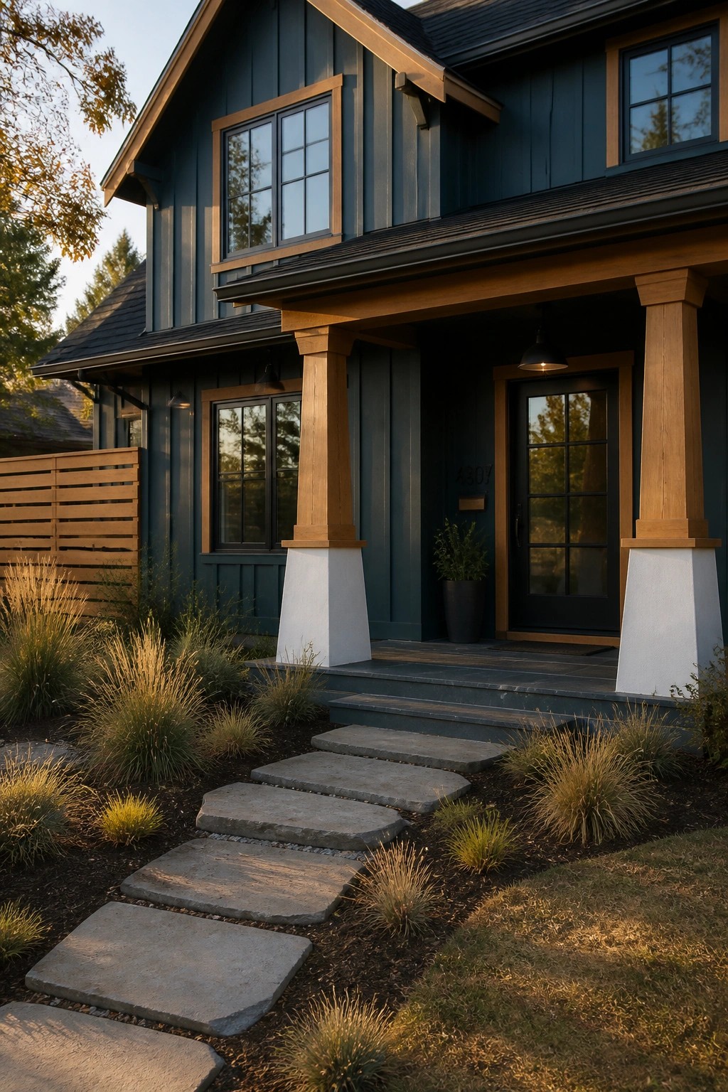 Dark blue house with wooden porch, stone steps, and landscaped pathway at dusk