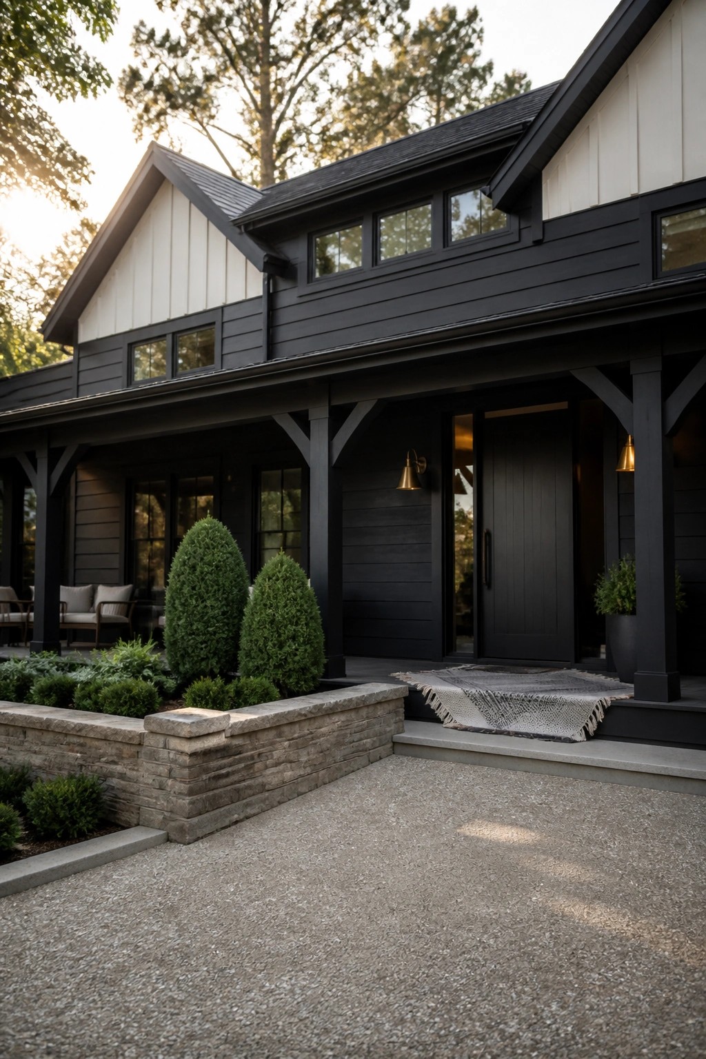 Black painted siding on a modern farmhouse exterior.
