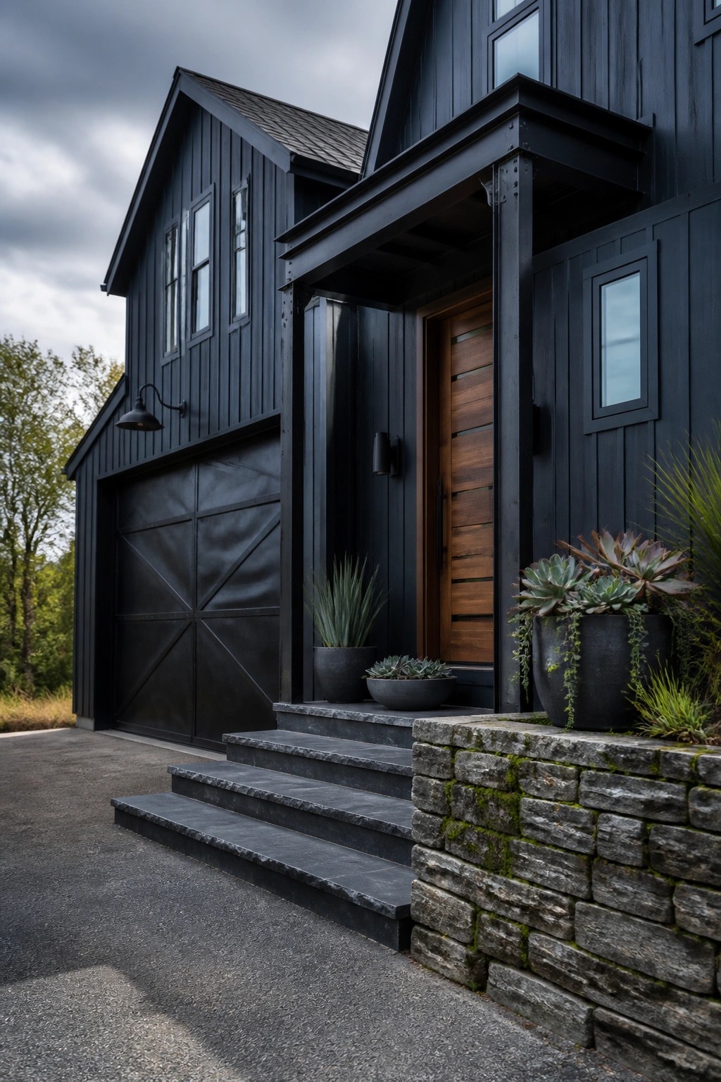 Modern farmhouse exterior with deep black siding and a stone base.