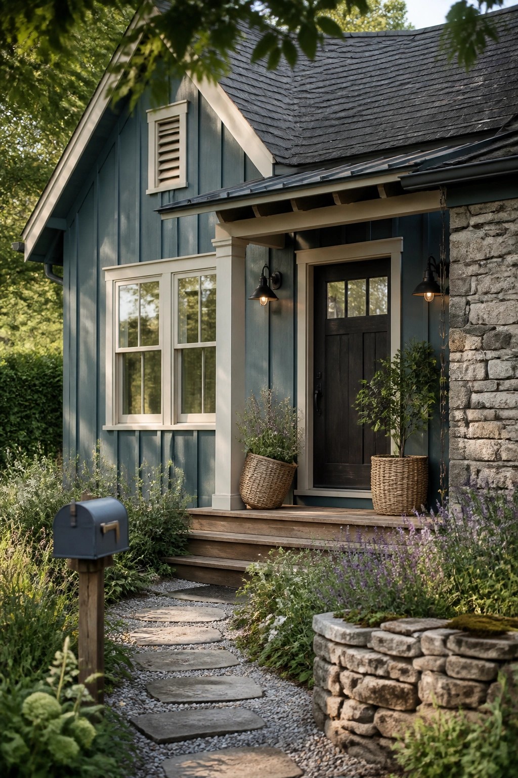 Blue cottage with dark door, wooden porch, stone path, and mailbox in garden