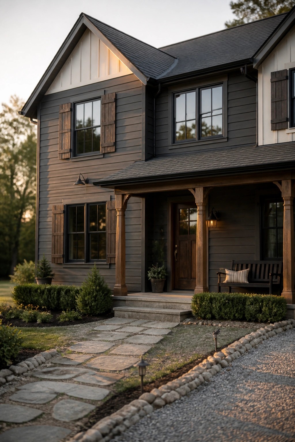 Dark charcoal gray siding on a modern farmhouse exterior with wood porch columns.