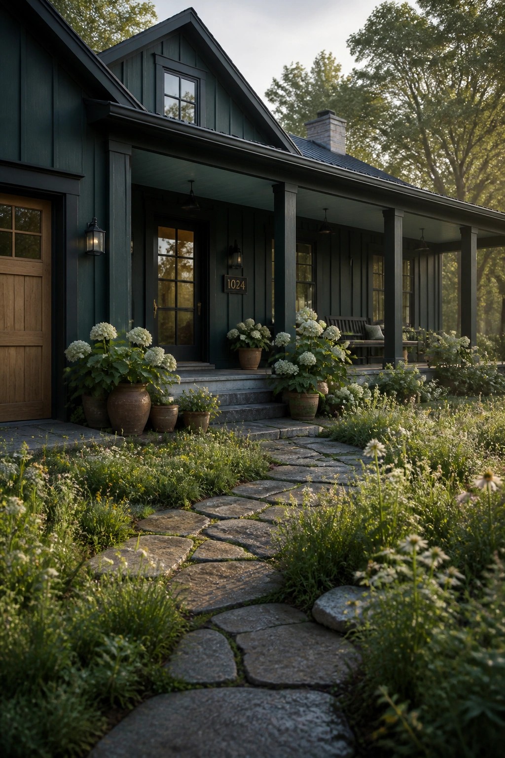 A dark green house with a stone walkway leading to the front porch.