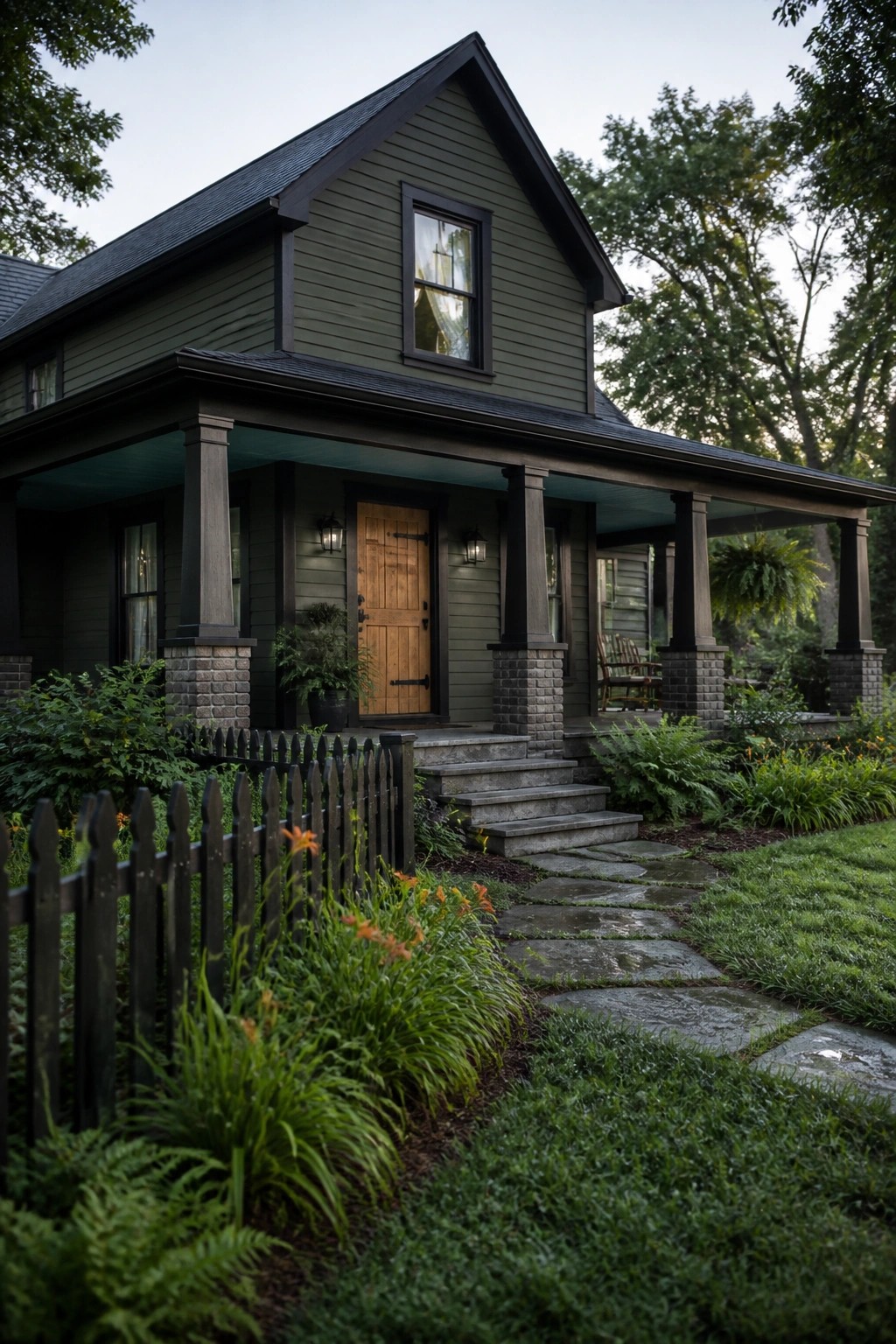 Dark green house with porch, wooden door, stone path, and lush garden