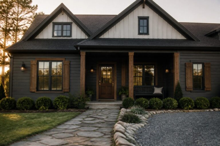 Dark charcoal gray siding on a modern farmhouse exterior with wood porch columns.