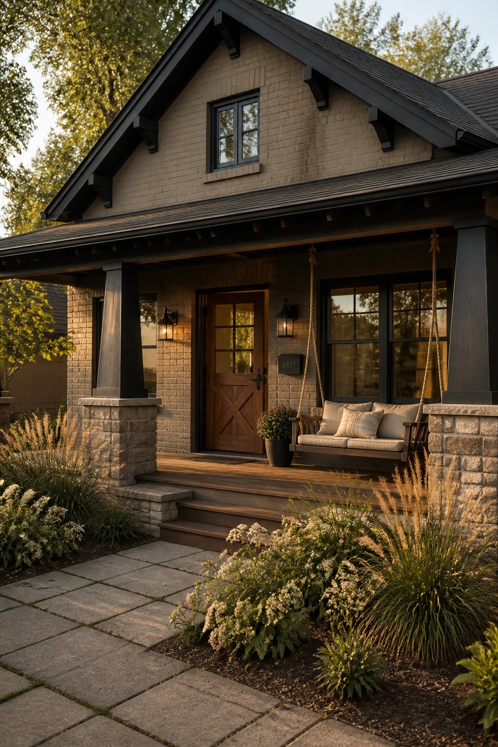 A modern farmhouse exterior with light greige painted brick and dark trim.