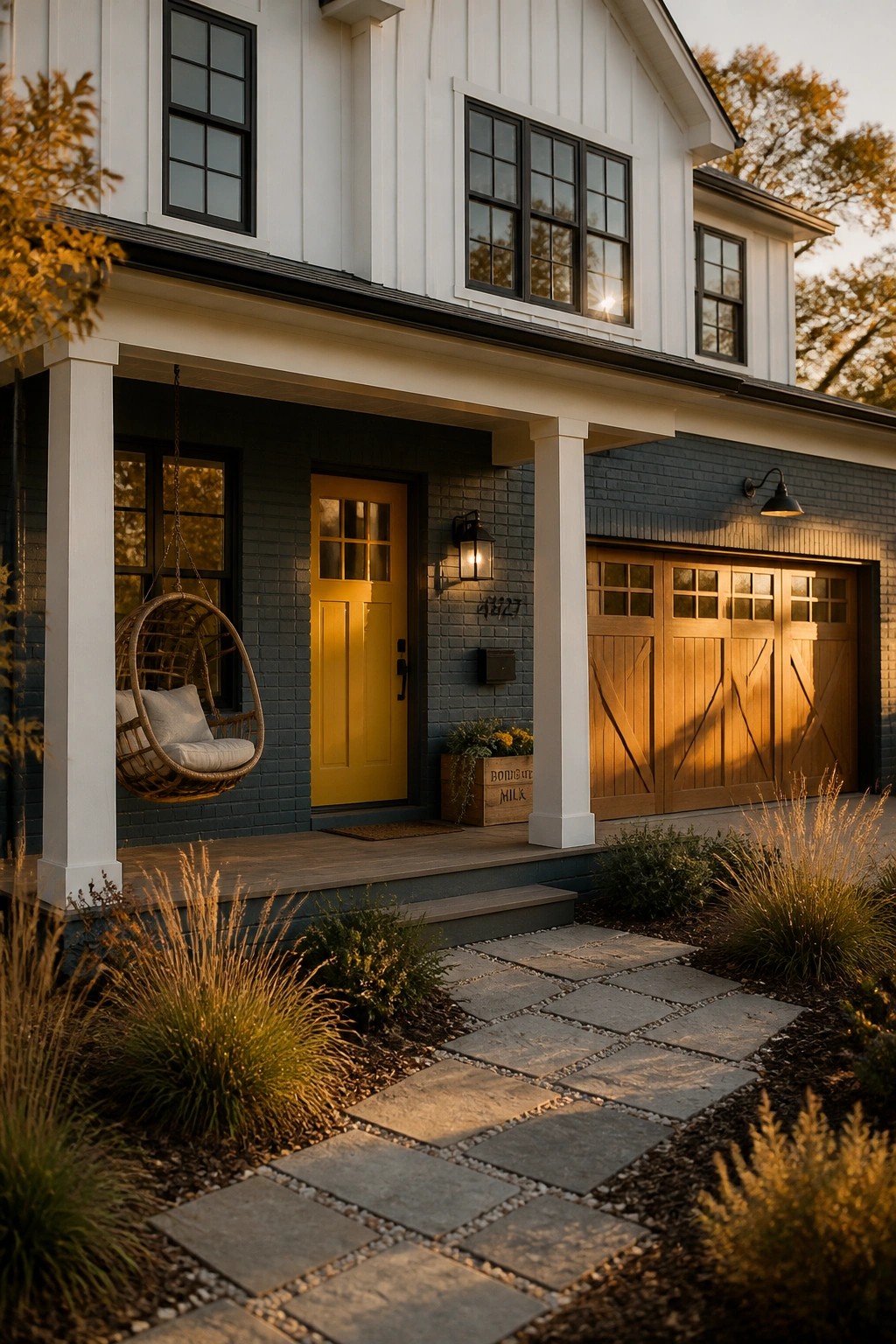Dark charcoal painted brick on a modern farmhouse exterior with white trim and wood garage doors.