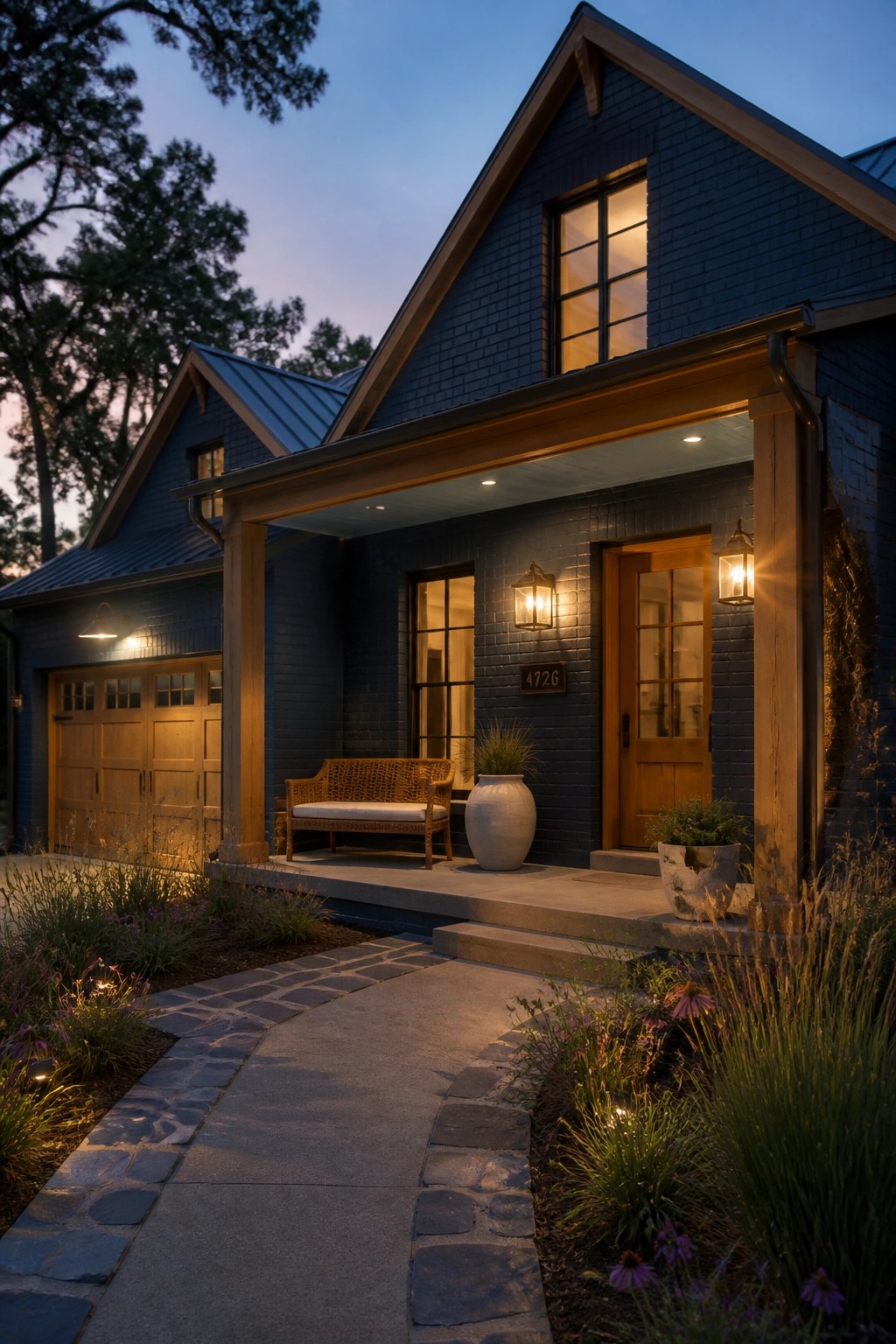 A modern farmhouse exterior with dark navy painted brick and wood trim.