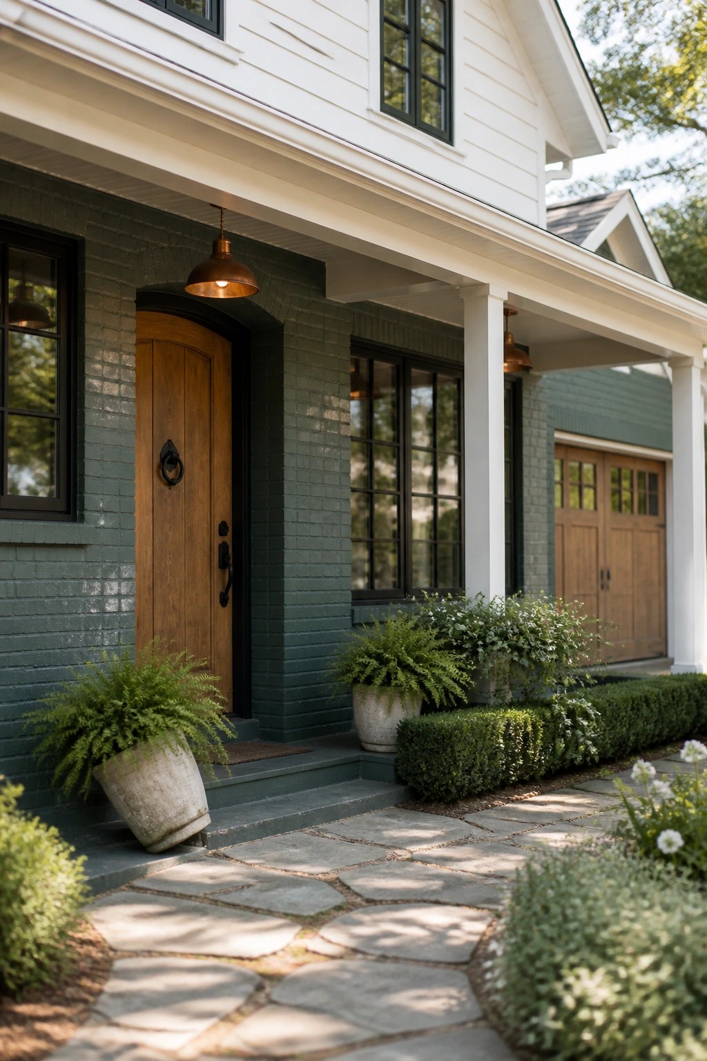 Painted brick on a modern farmhouse exterior in a deep muted green.