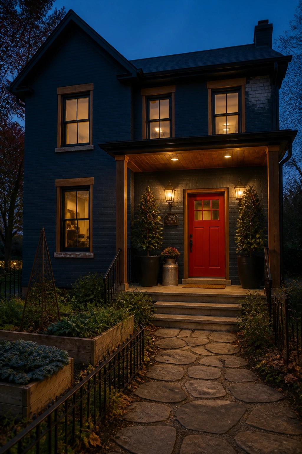 A modern farmhouse exterior with deep navy painted brick walls.