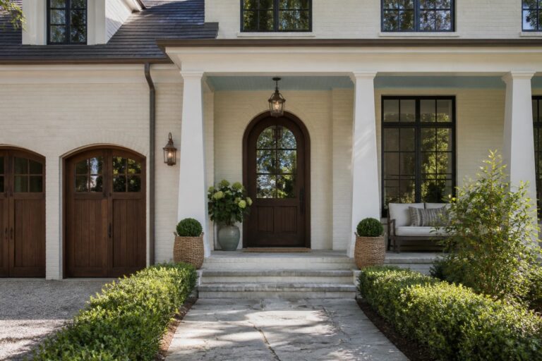 White brick house porch with arched wooden door, white columns, potted plants, stone path.