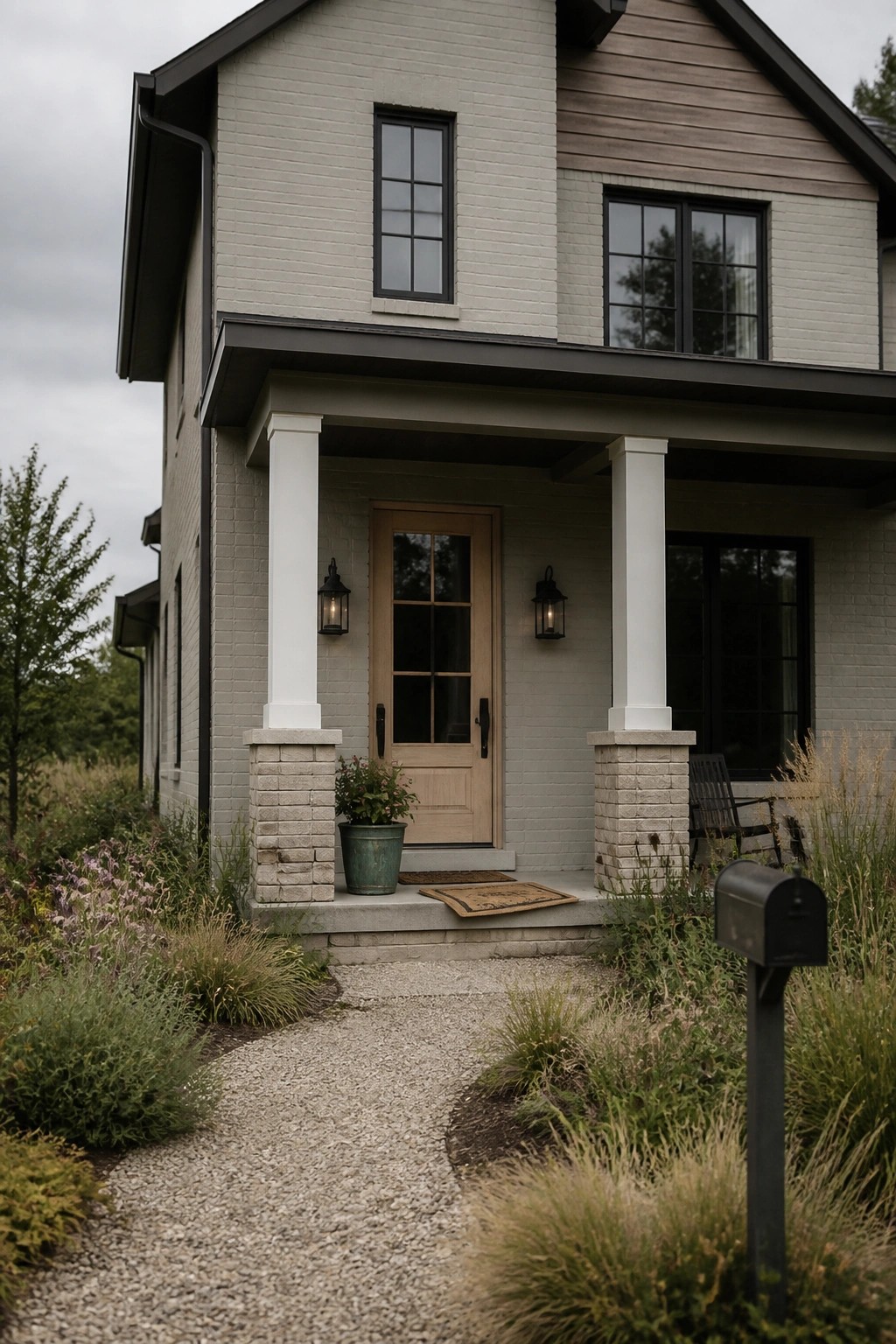 A modern farmhouse exterior with light gray painted brick siding and a front porch.