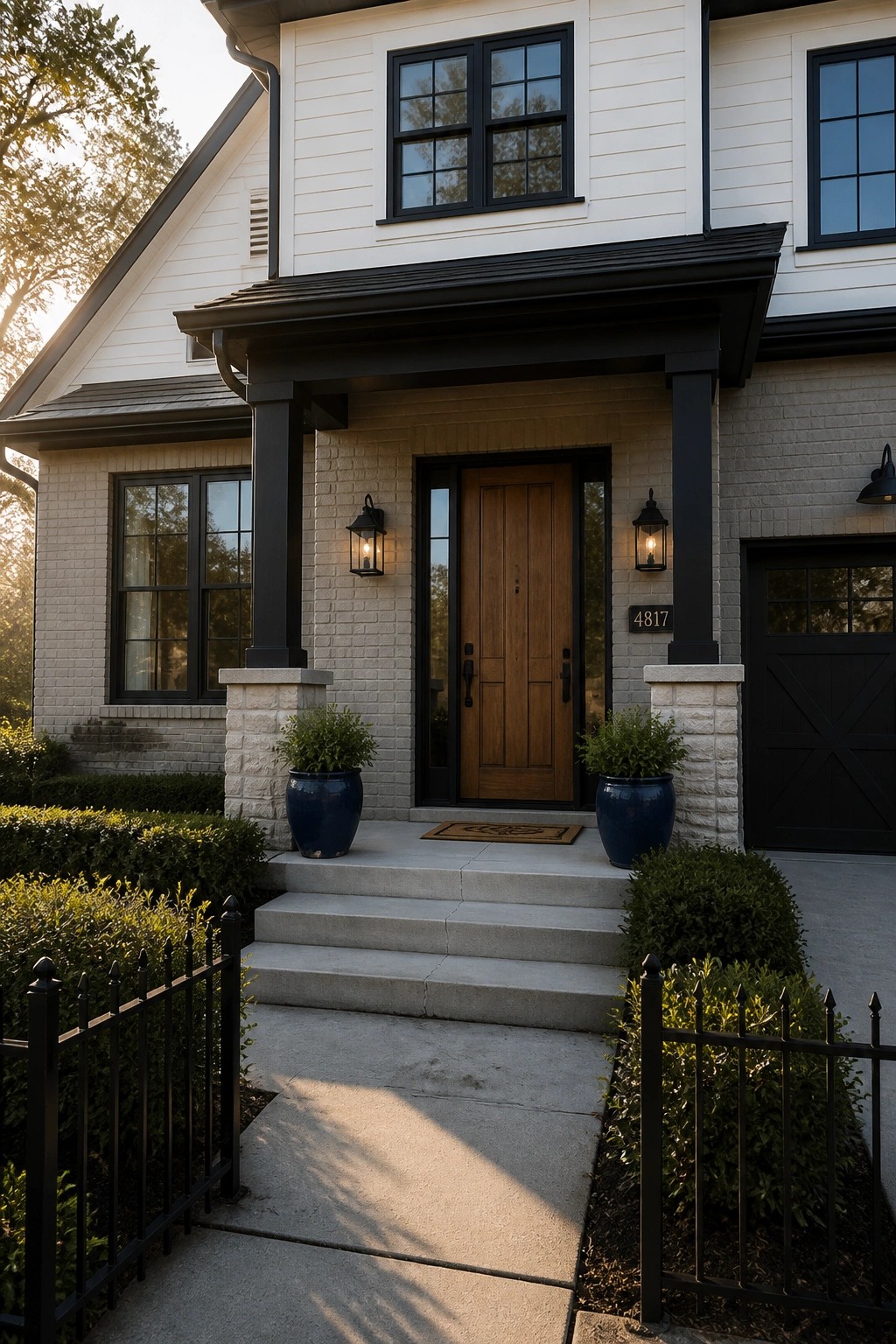 Modern farmhouse exterior with light painted brick and black trim around the entry.