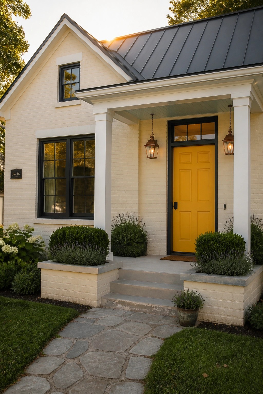 Modern farmhouse exterior with warm white painted brick and black trim.