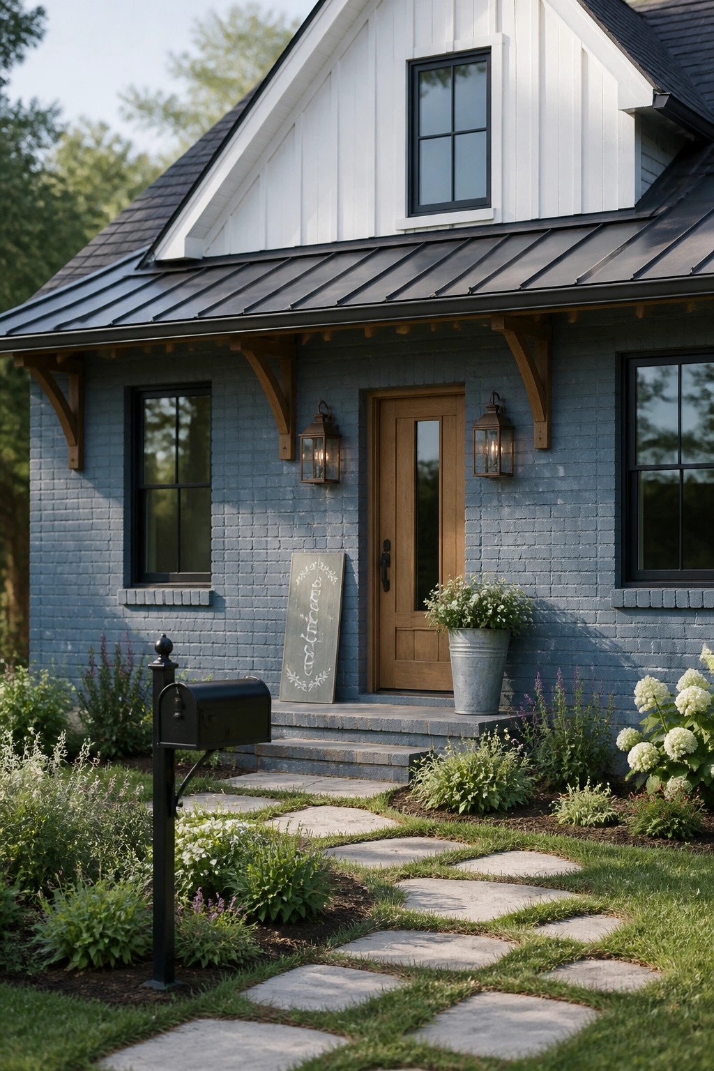 Light blue gray painted brick on a modern farmhouse exterior.