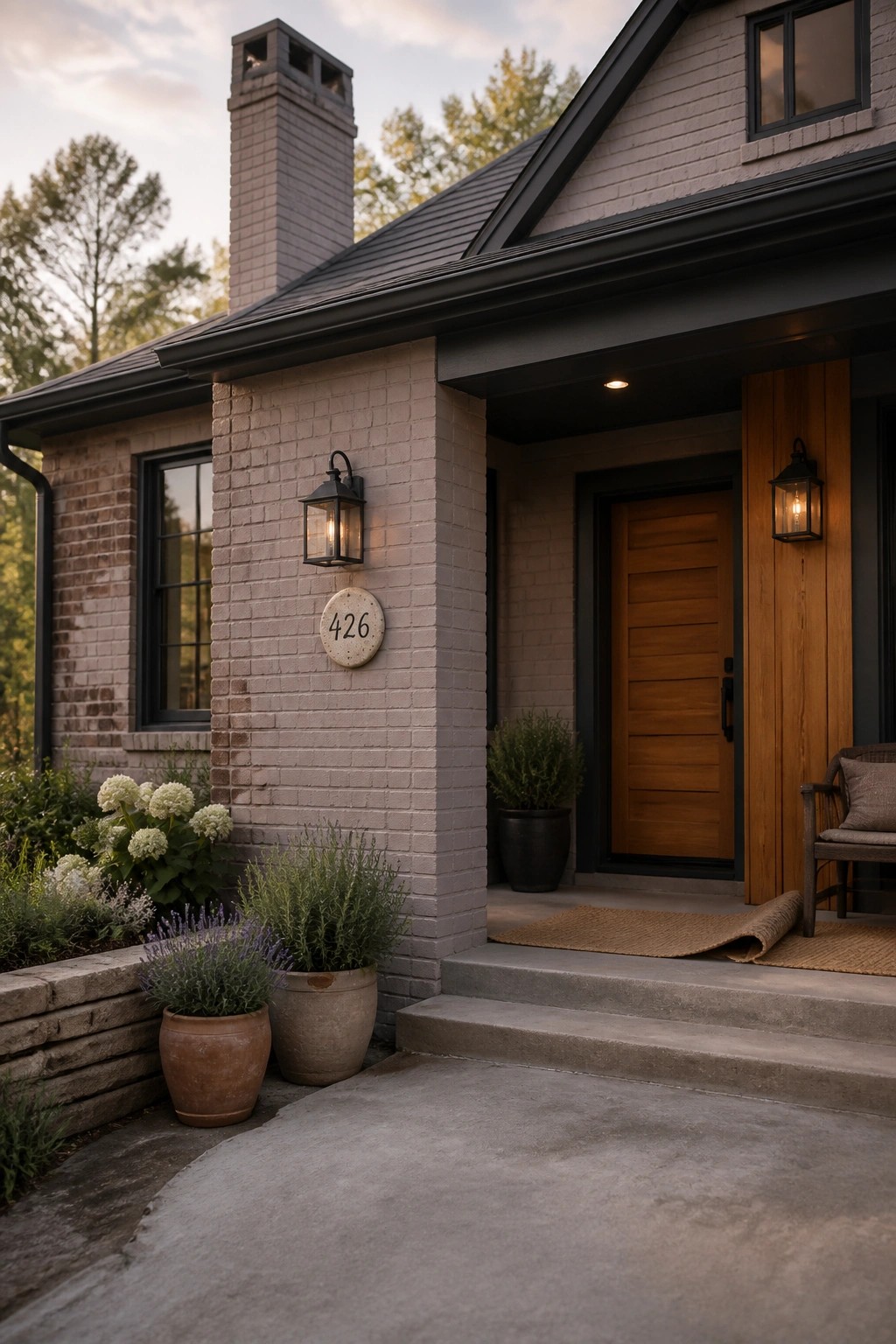 Brick house entry with wooden door, 426 plaque, potted plants, and concrete steps.