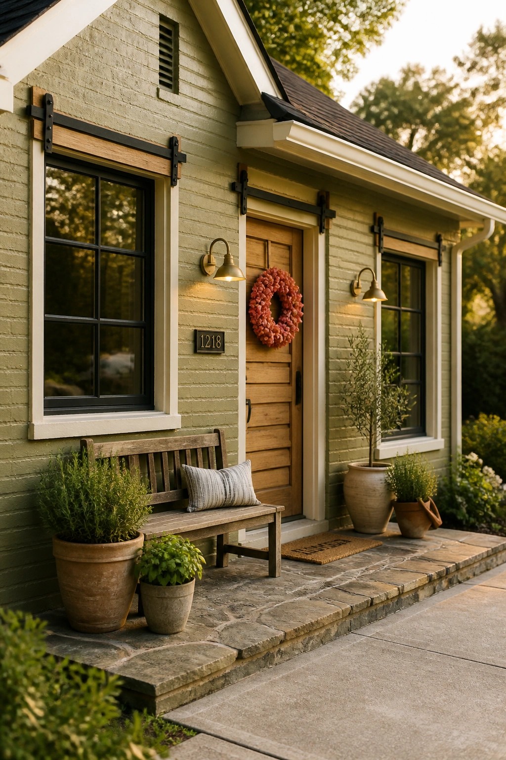A house exterior painted in soft sage green siding with wood trim.