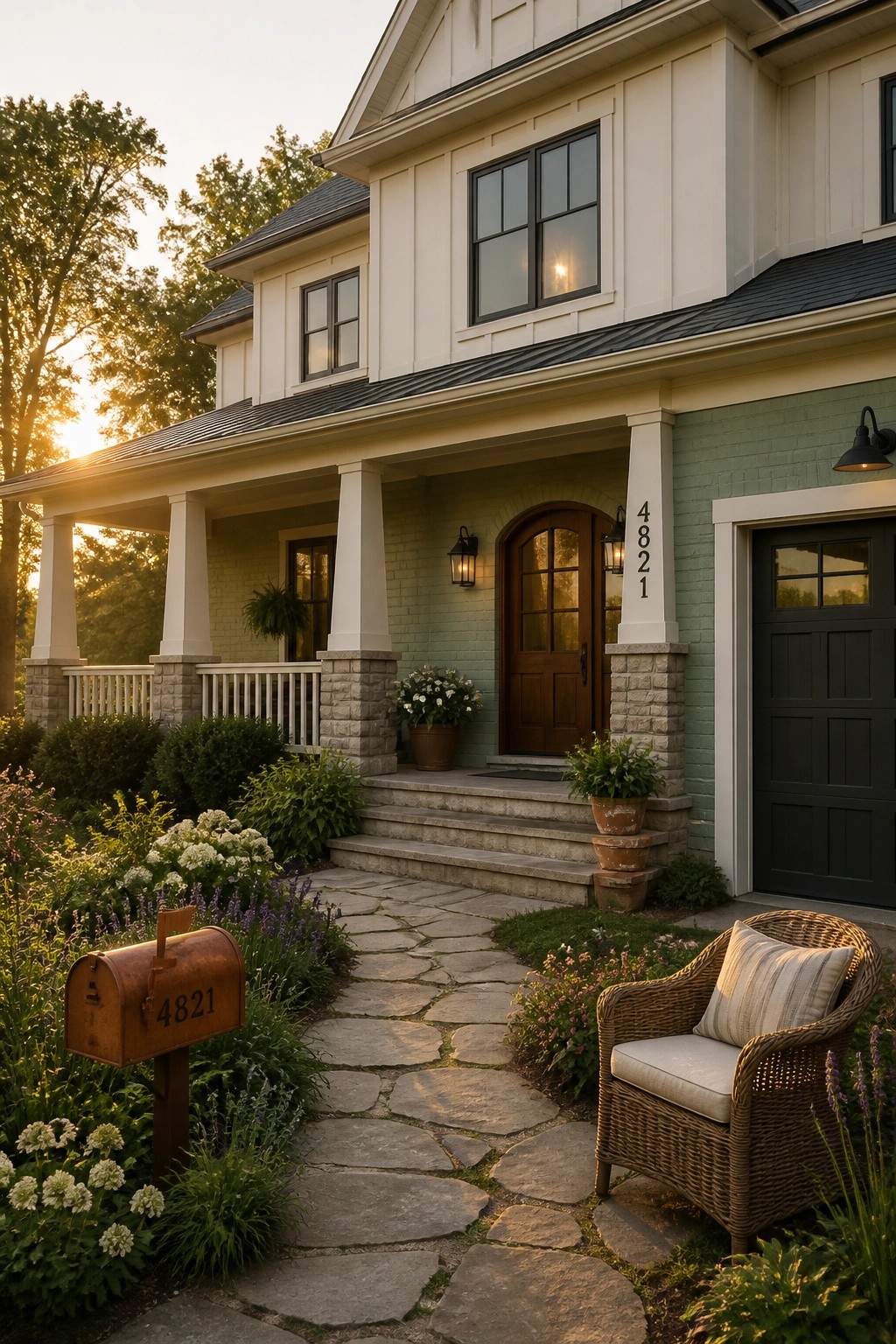A modern farmhouse exterior painted in soft sage green siding with white trim.