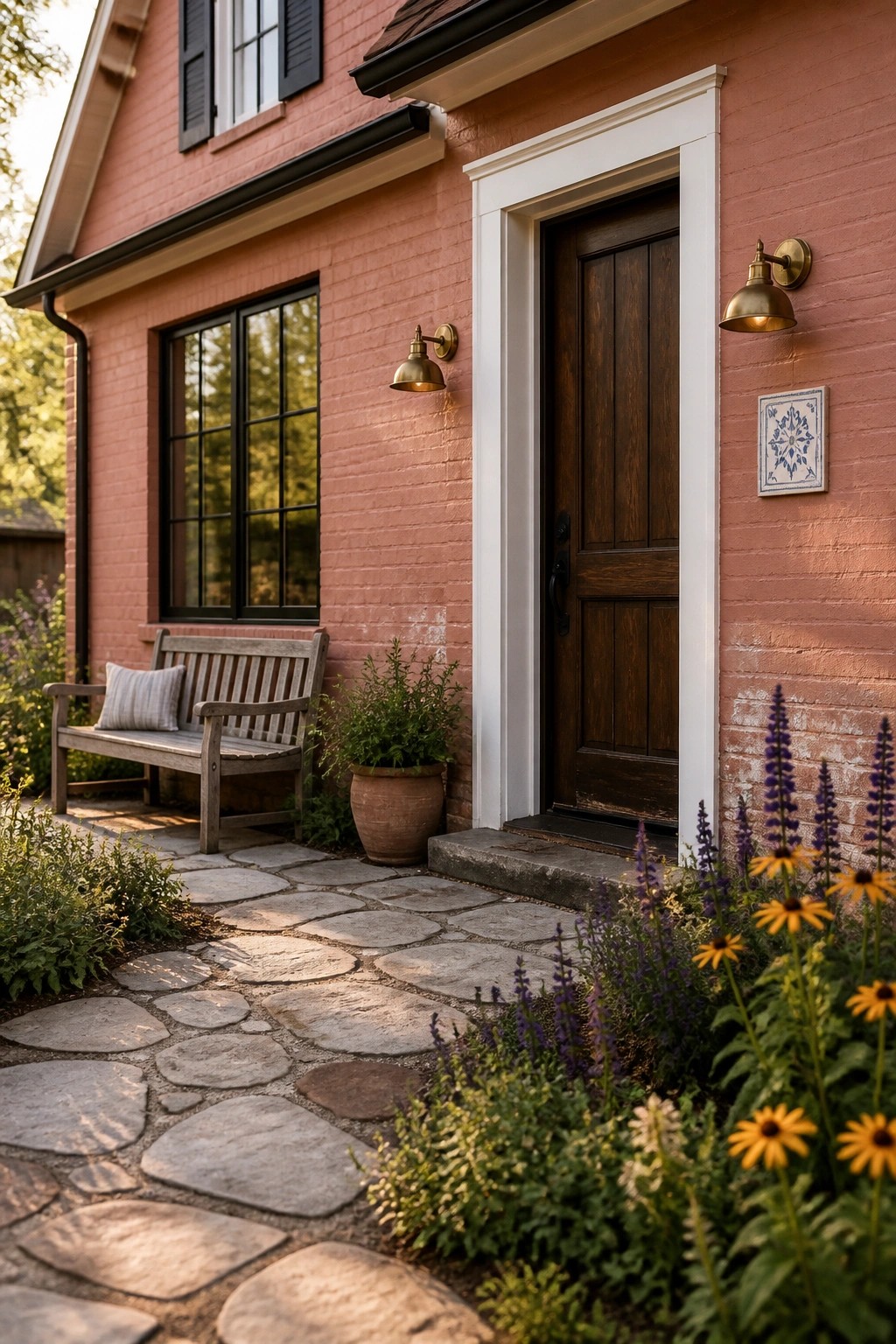 A modern farmhouse exterior with soft terracotta painted brick walls.