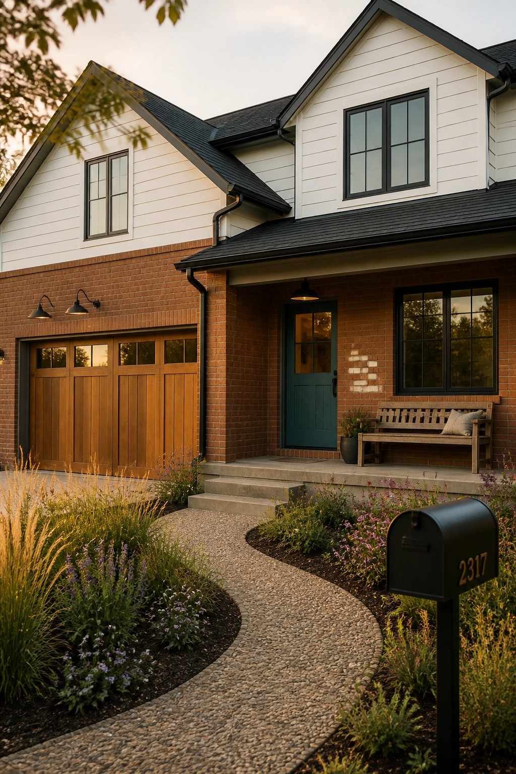 A modern farmhouse exterior featuring warm red painted brick with white siding above.