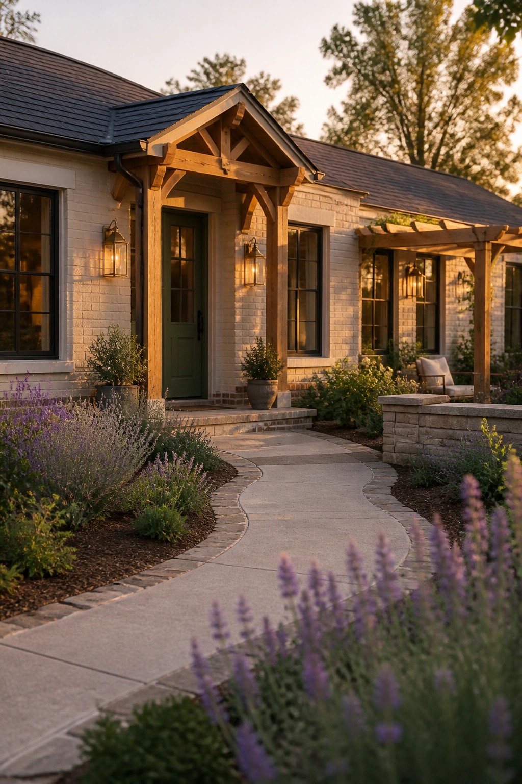 A modern farmhouse exterior with warm white painted brick and wood trim.