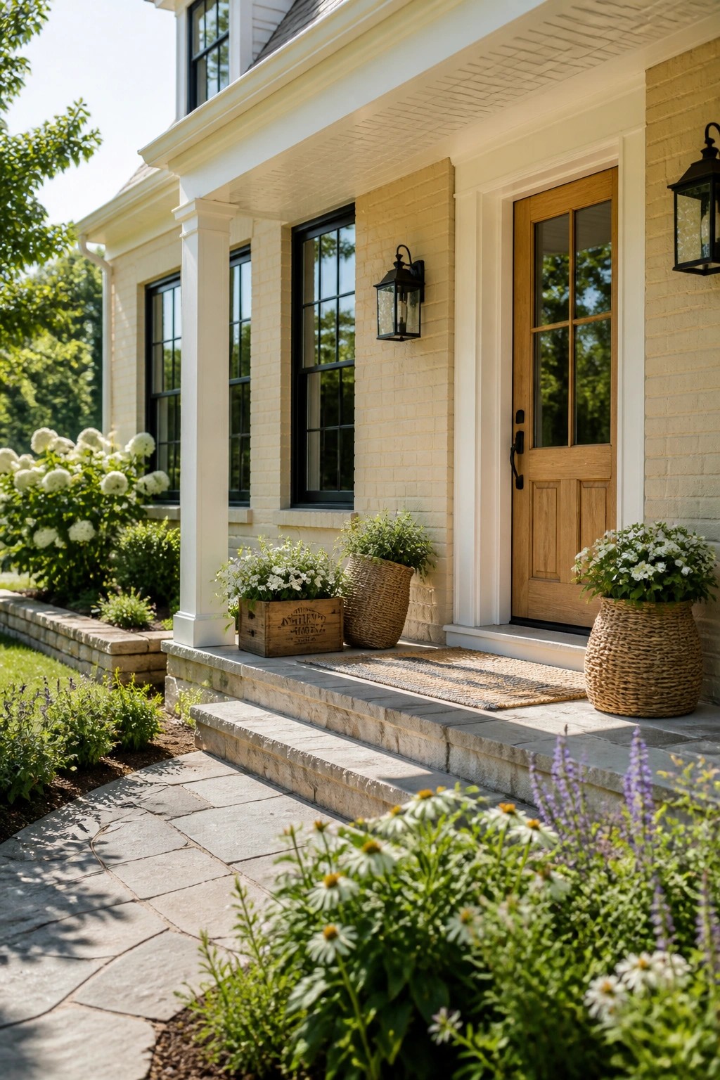 A modern farmhouse exterior with warm white painted brick and a wooden front door.