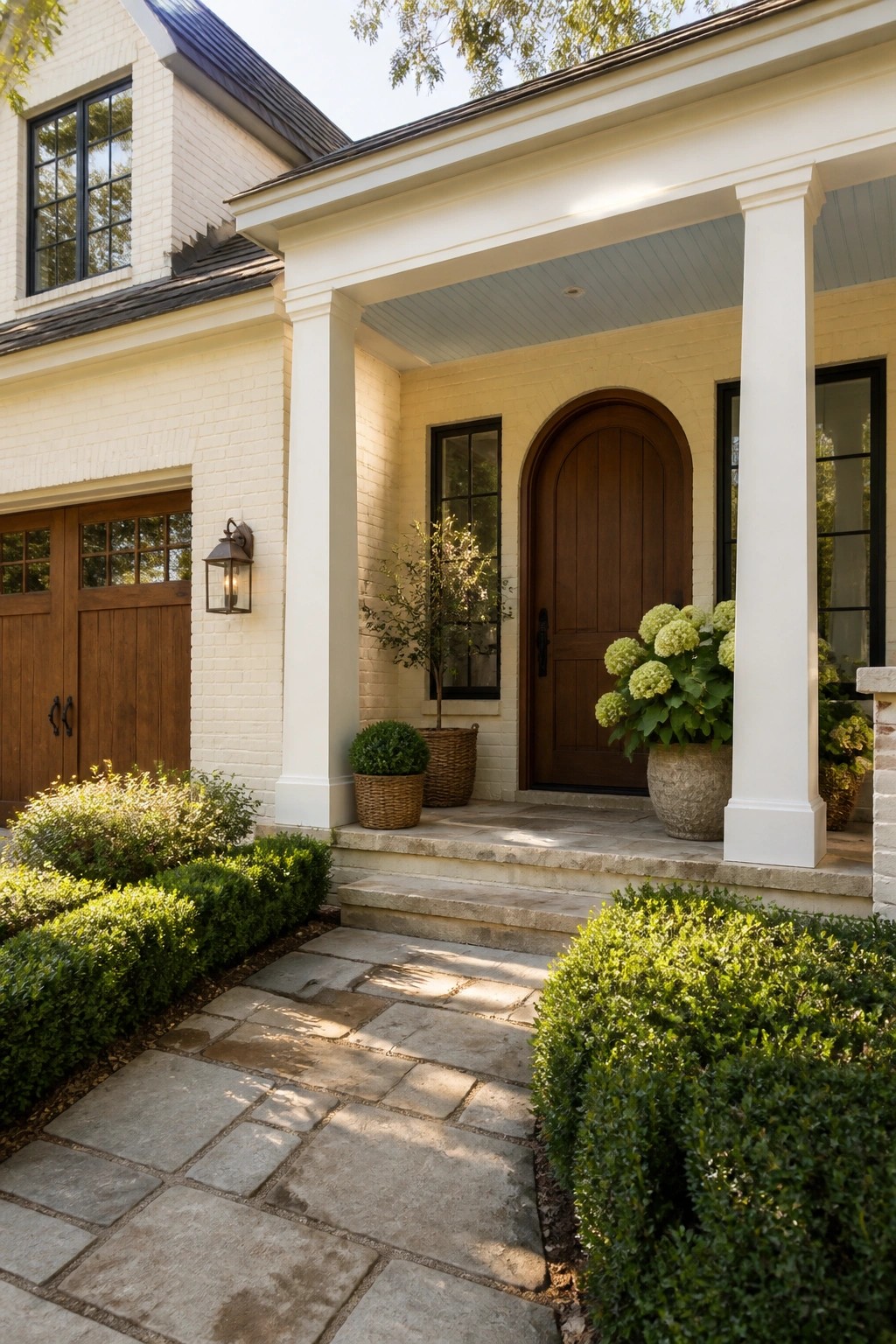White brick house porch with arched wooden door, white columns, potted plants, stone path.