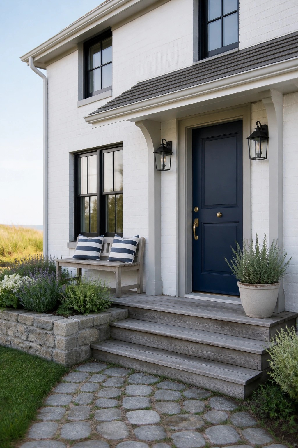 A white painted brick modern farmhouse exterior with a navy front door.