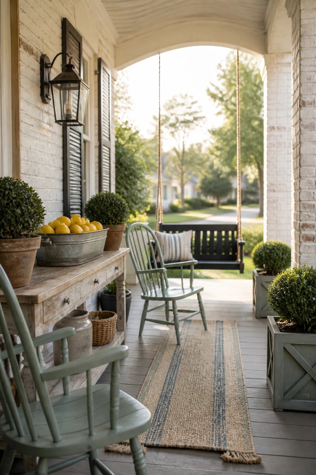 A farmhouse porch with a wooden console table holding potted plants and a metal tub of lemons, green wooden chairs, a striped runner rug, and a porch swing visible in the background.