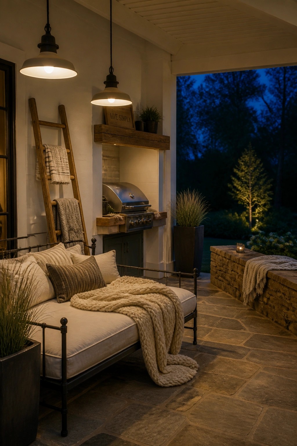 Cozy patio at dusk with daybed, chunky knit blanket, grill, and pendant lights