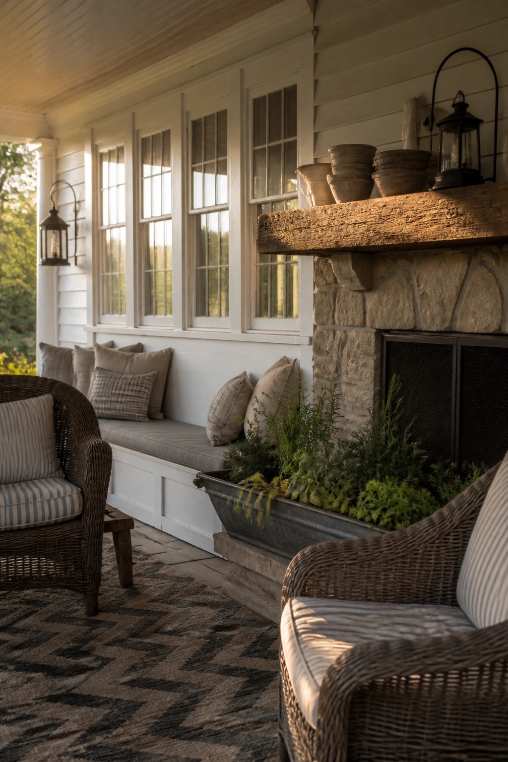 A covered rustic porch with a large stone fireplace, wooden mantel, built-in bench seating with cushions, wicker chairs, and a patterned outdoor rug.