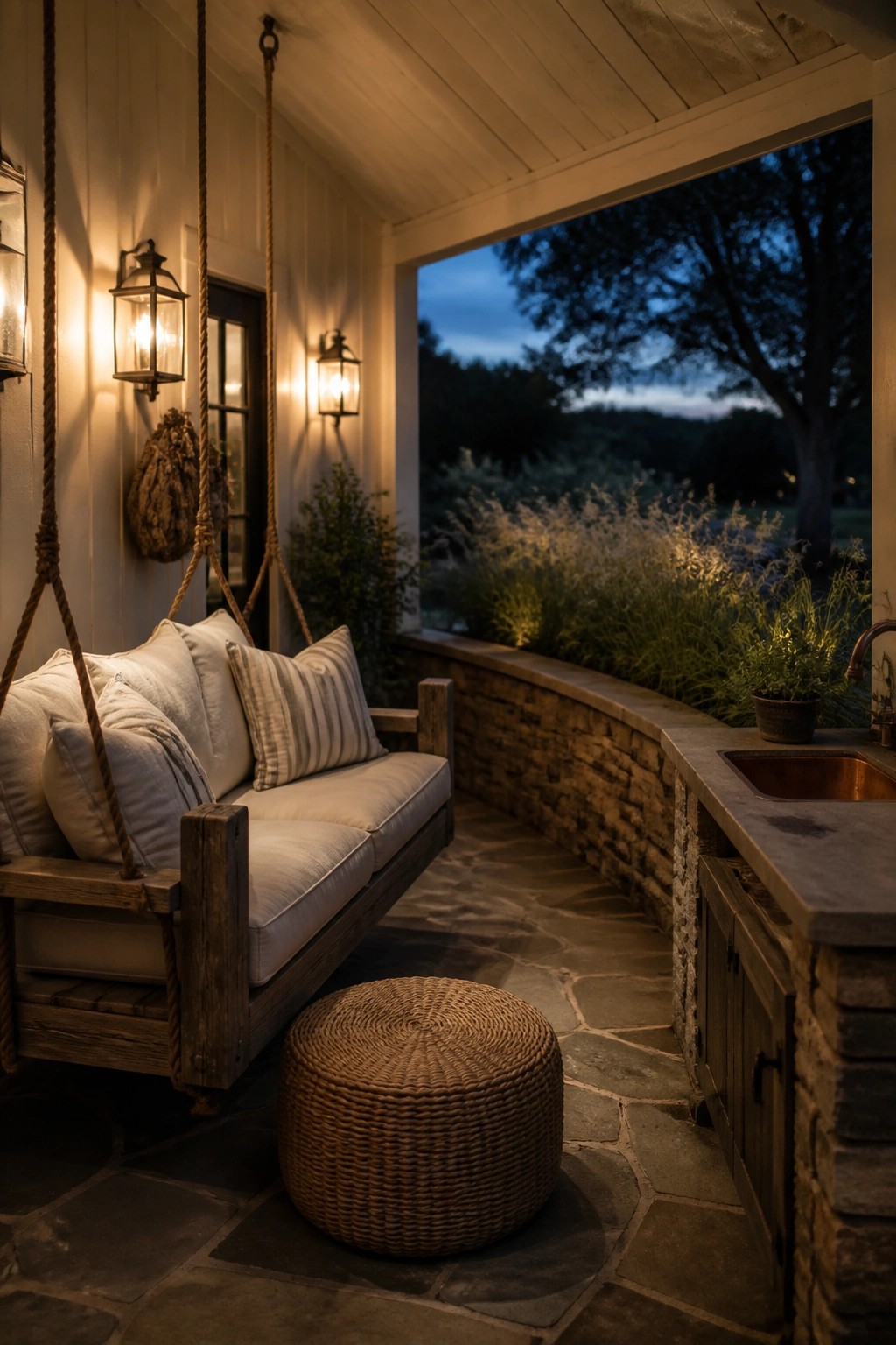 Cozy wooden porch swing with white cushions, woven ottoman, and stone sink counter at dusk