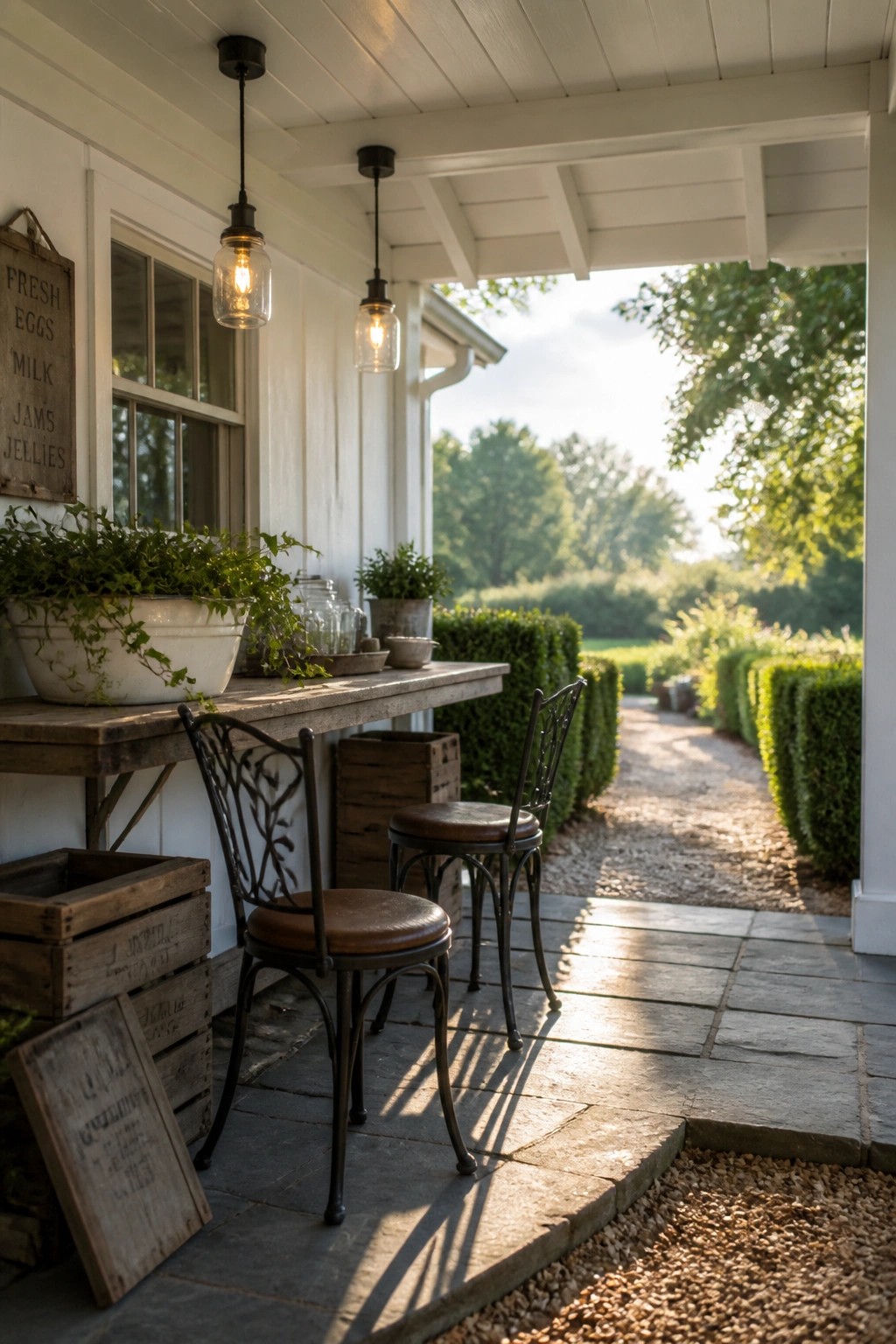 A farmhouse porch with a long wooden counter, two metal stools with brown leather seats, hanging glass pendant lights, potted plants, wooden crates, and a gravel path leading into a garden with hedges.
