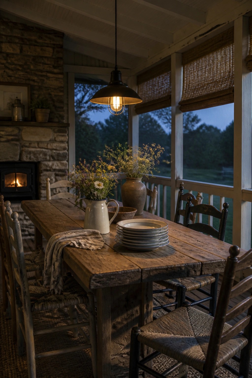 A rustic wooden dining table with stacked plates, a pitcher of flowers, and woven chairs sits on a covered porch beside a stone fireplace and large windows.
