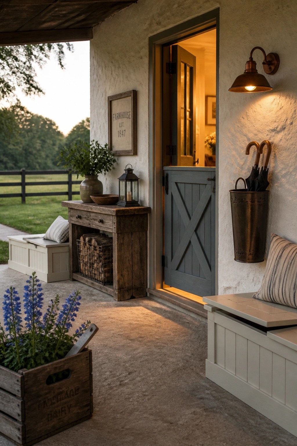 A rustic farmhouse porch at dusk shows an open gray door, wooden console table, white storage benches with striped pillows, a metal umbrella holder, and potted plants in a wooden crate.