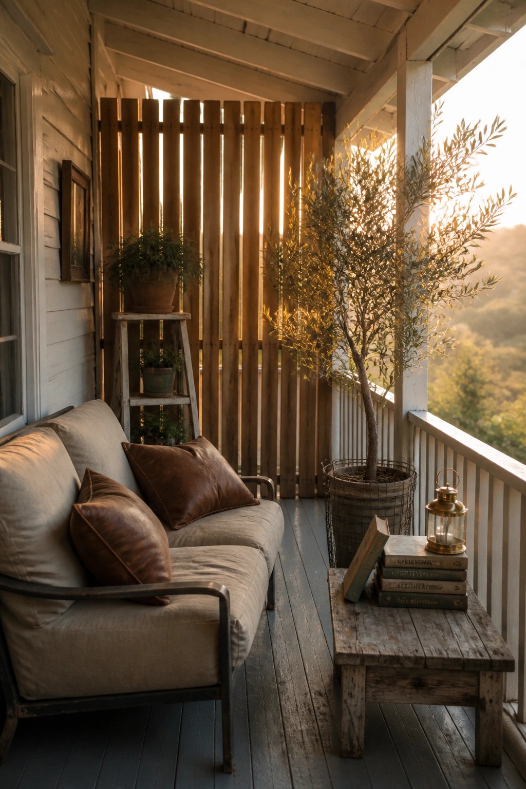 A rustic porch with a beige sofa, brown leather pillows, a wooden coffee table holding books and a lantern, a large potted tree, and a vertical wooden slat screen.