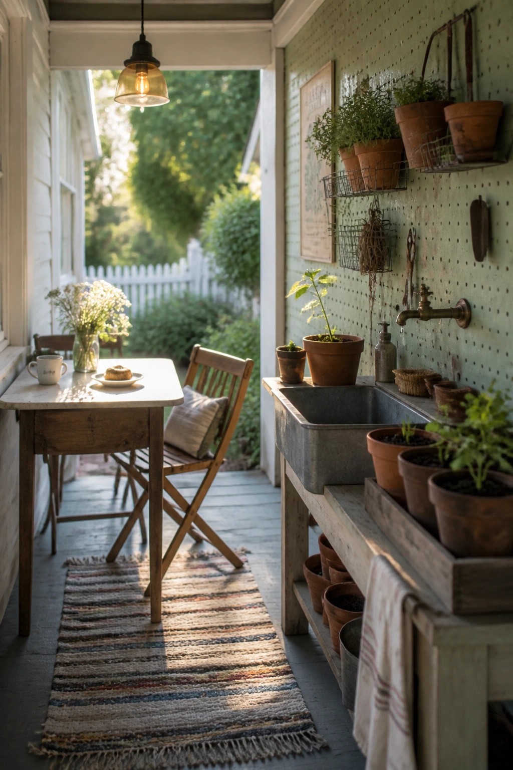 A narrow rustic porch with a wooden table set with a mug and muffin on a striped rug, next to a large metal sink with potted plants and tools on a green pegboard wall.