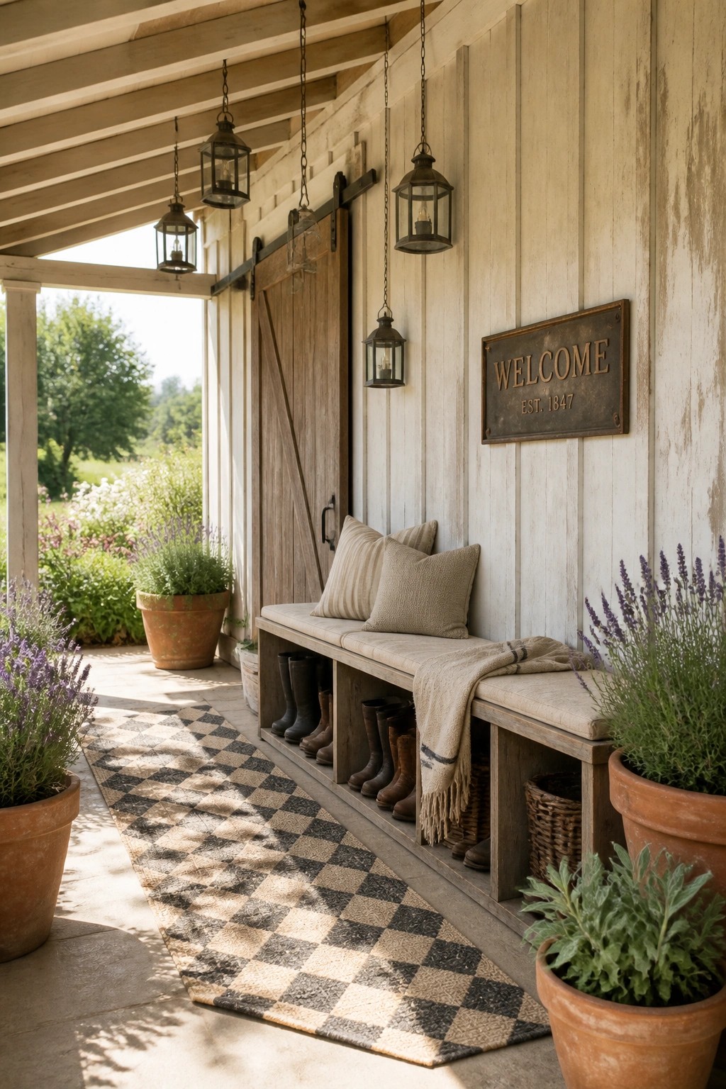 A wooden bench on a rustic farmhouse porch has open cubby storage holding boots, with pillows and a throw on the seat, hanging lanterns above, potted plants nearby, and a checkered rug on the floor.