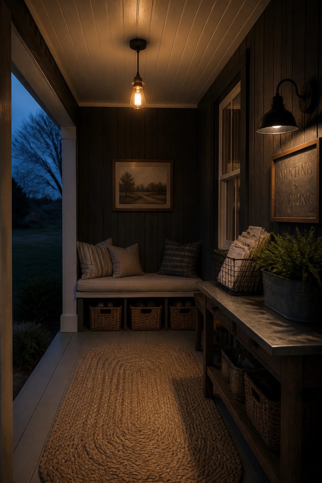 A rustic farmhouse porch at dusk with a built-in bench holding striped and plaid pillows, woven baskets stored underneath, a jute rug on the floor, a hanging Edison bulb, and a wooden table with more baskets and a metal planter.