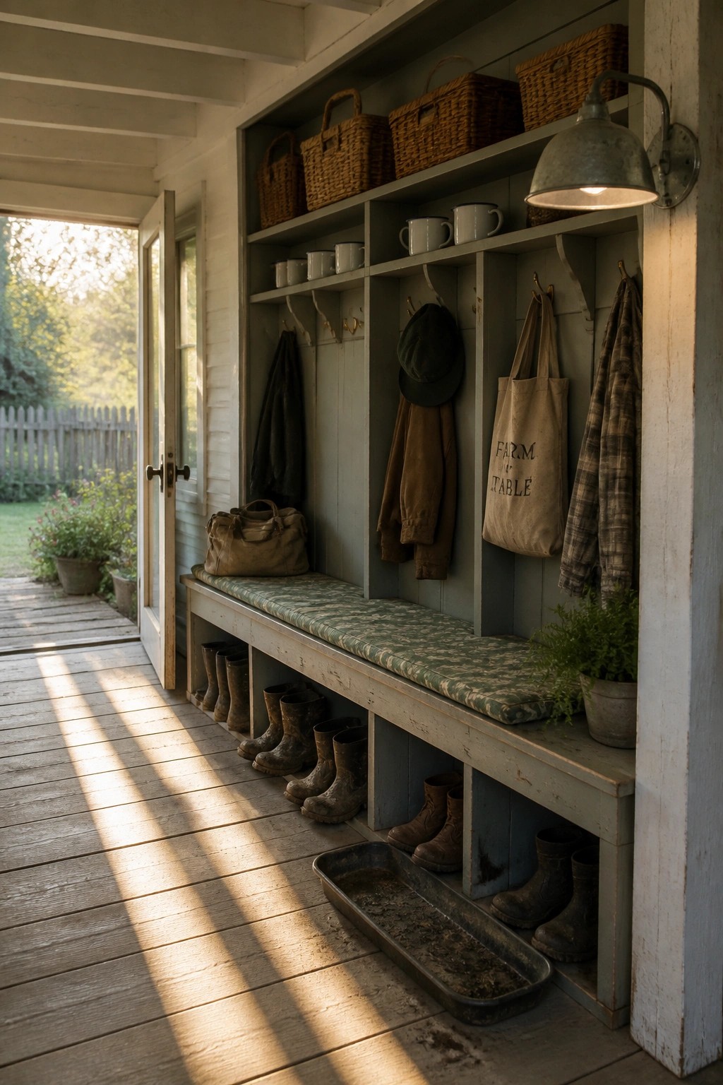 A wooden porch with a built-in bench that has a green patterned cushion, open cubbies holding boots below, and shelves with baskets and hooks above.
