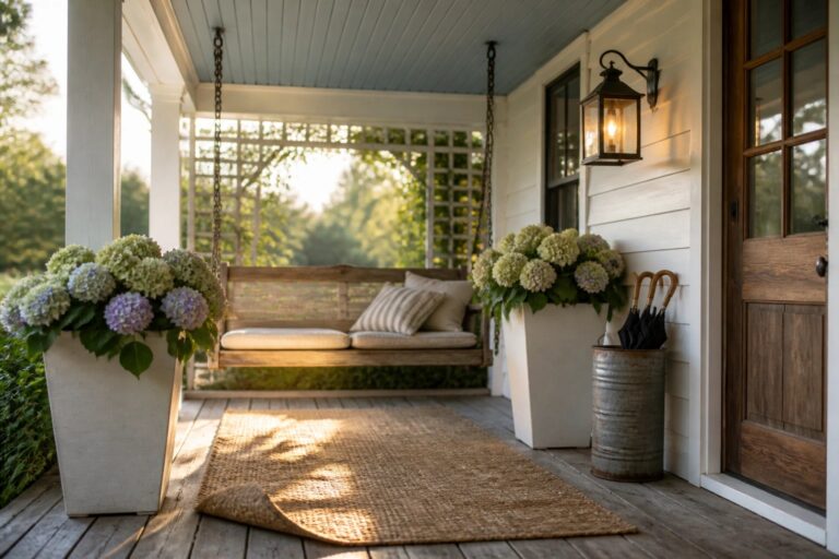 A wooden porch swing hangs from chains on a white farmhouse porch beside potted plants and a jute rug.